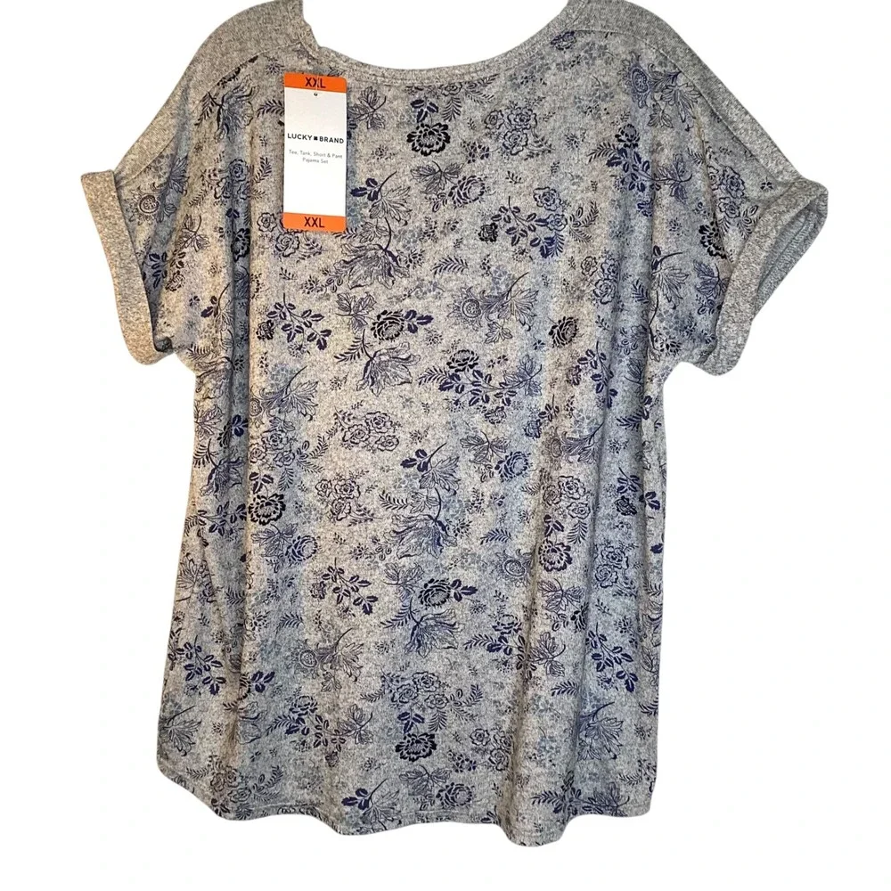 Lucky Brand Womens XXL Pajama Set Grey Blue Floral Short Sleeve Soft Lounge NEW‎